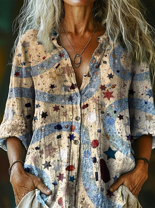 Women's Star Art Patterns Print Casual Cotton And Linen Shirt