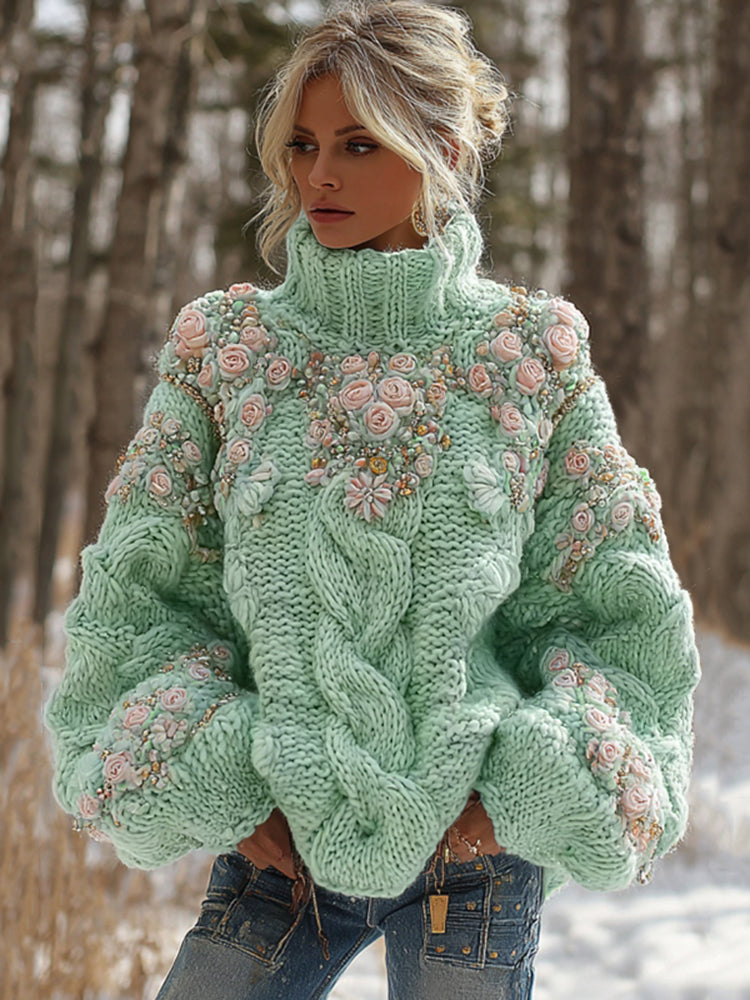 Comstylish Women's Vintage Embroidery Rose Art Knit Cozy High Neck Sweater