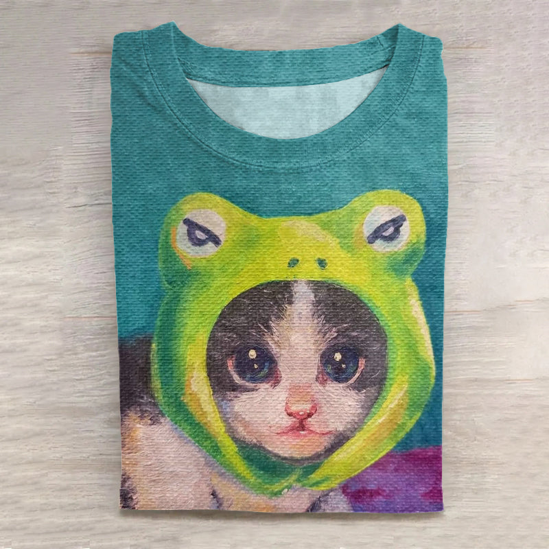 Abstract Creative  Cute Cat With Frog Hood Art Print Cotton Graphic T-shirt elevenforest