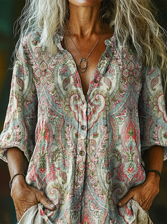 Women's Vintage Ethnic Floral Art Print Linen And Cotton V-neck Casual