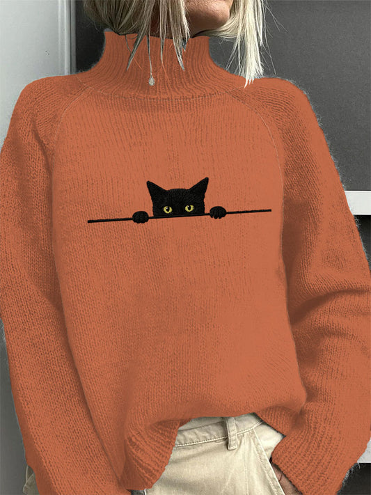 Women's Casual Funny Black Cat Print High Neck Sweater elevenforest