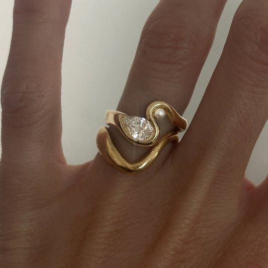 Forged Gold Pearl & Oval Crystal Ring Set