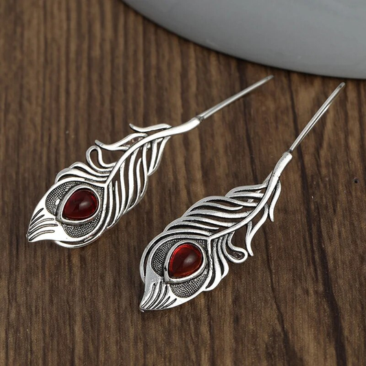Red Zirconia Silver Leaf Earrings