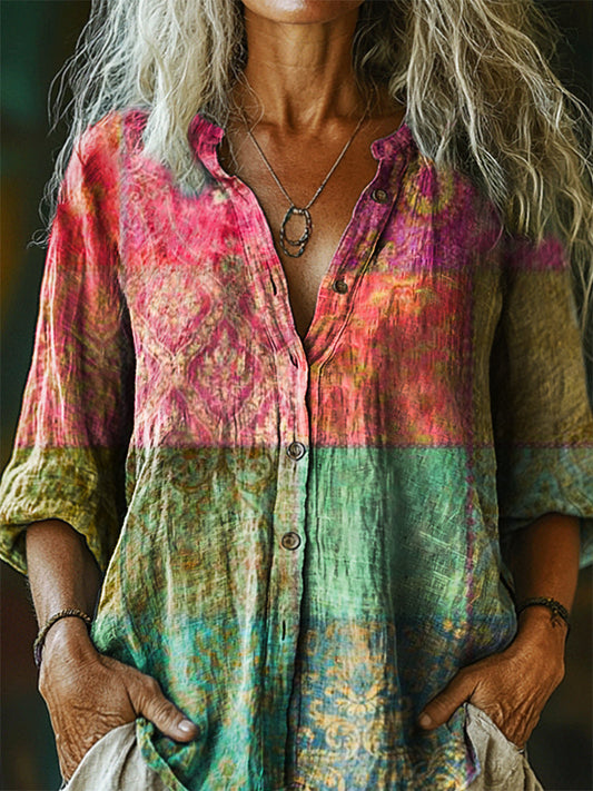 Women's Vintage Ethnic Floral Art Print Casual Cotton Linen Shirt
