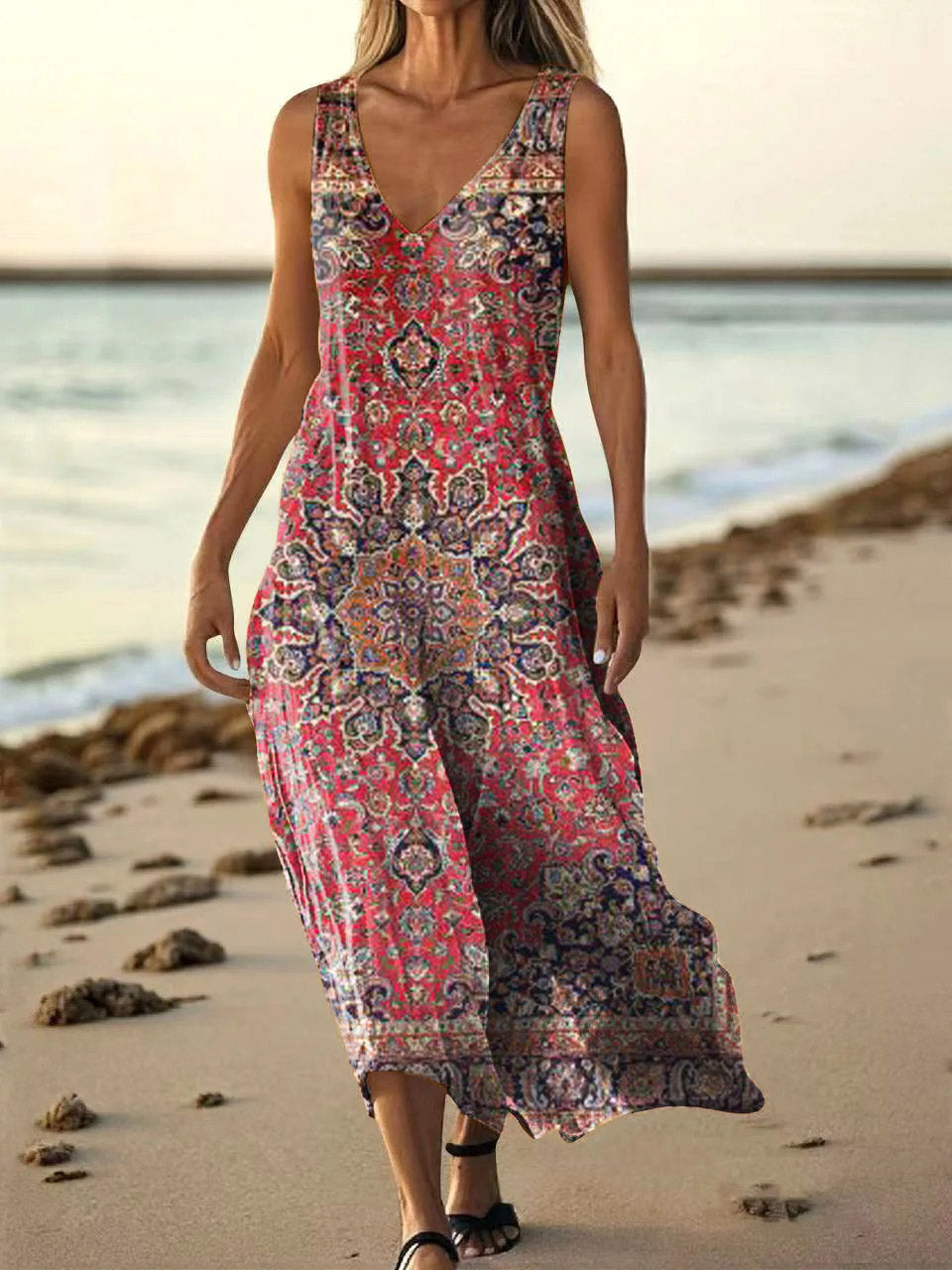 Women's Vintage Ethnic Tattoo Pattern Art Print Pocket Cotton Dresses