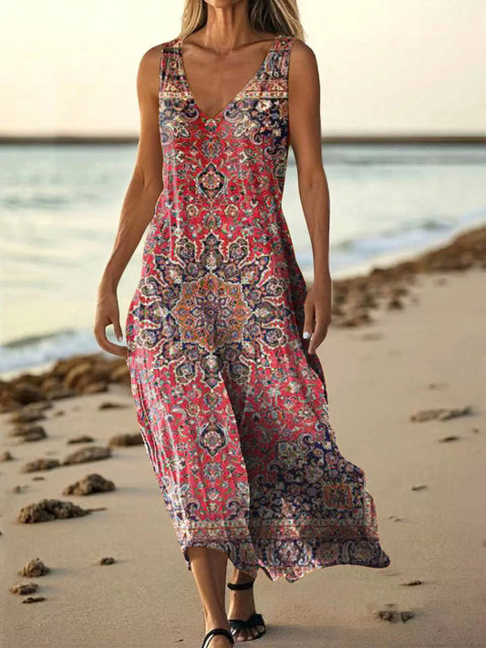 Women's Vintage Ethnic Tattoo Pattern Art Print Pocket Cotton Dresses