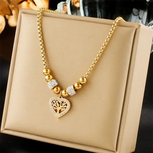 Tree Of Life Zirconia Golden Heart Necklace