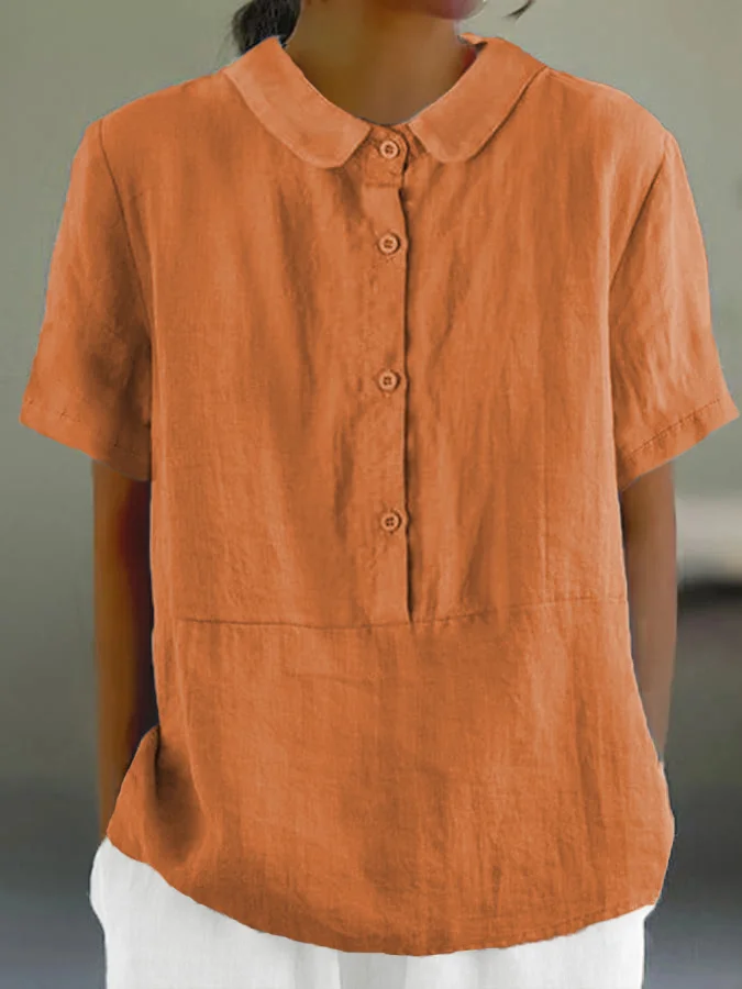 LD | Santorini - Effen casual damesshirt met ronde hals en knoopjes.