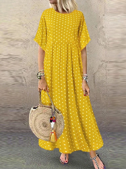 LD | Polka Dot Dames Midi Dress Bohemian Vakantie Korte Mouw O-Neck Lange Robe Vintage Los Casual A-lijn Vestidos Zomer