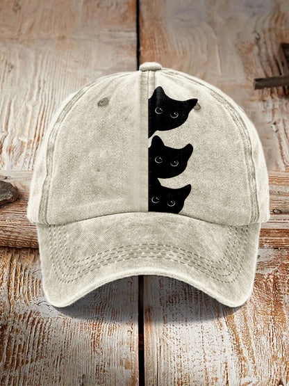 Peeking Black Cats Pattern Vintage Washed Cap elevenforest