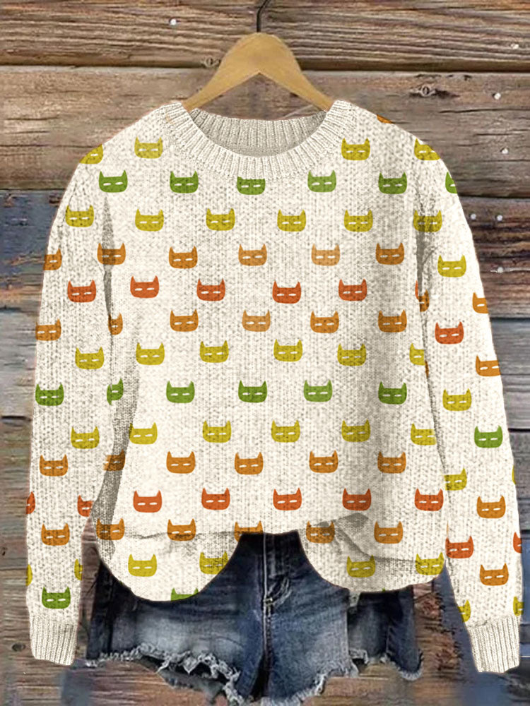 Colorful Cats Pattern Cozy Knit Sweater elevenforest