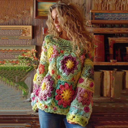Women's Bohemian Chunky Knit Crochet Floral Sweater elevenforest