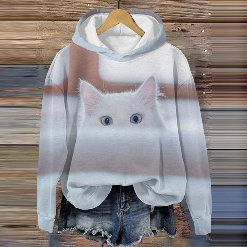 Cute Cat Art Print Casual Hoodie elevenforest