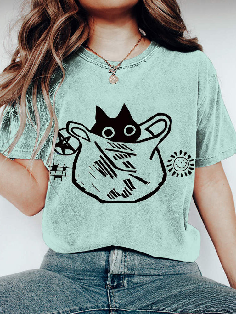 Funny Trash Bag Cat Print Vintage Casual T-shirt elevenforest