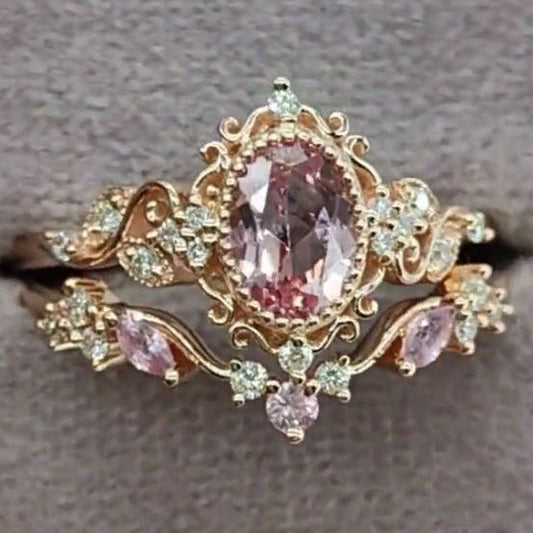 Elegant Pink Crown Drop Crystal Ring Set