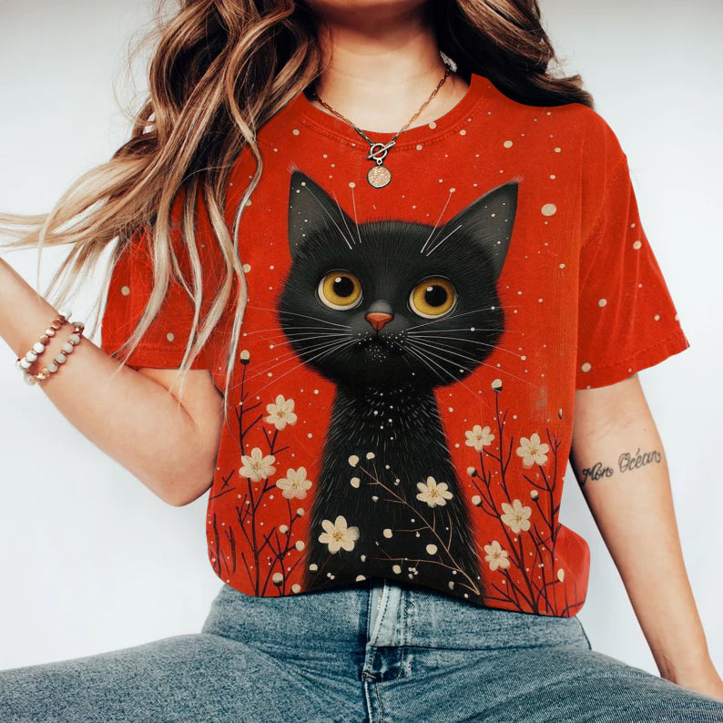 Abstract Creative Black Cat Among Flowers Painting Art T-Shirt elevenforest