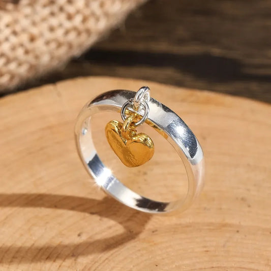 Vintage Dangling Gold Heart Silver Ring