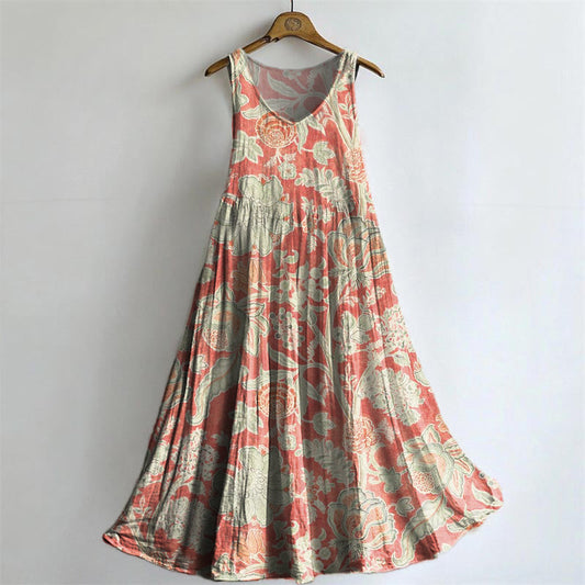 Women's Vintage Ethnic Floral Art Print Crew Neck Sleeveless Cotton Po