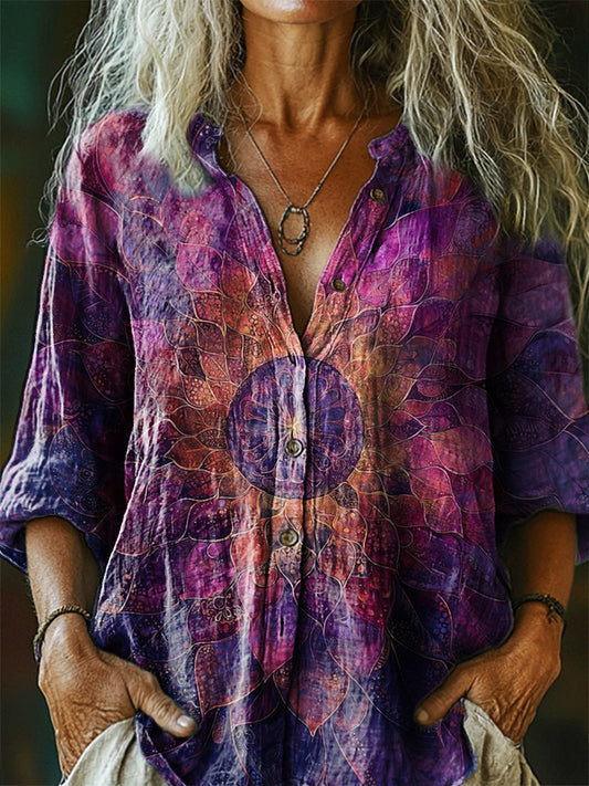 Women's Vintage Bohemian Floral Art Print Casual Cotton Linen Shirt