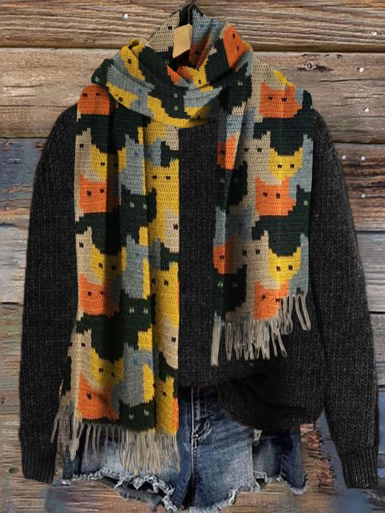 Colorful Cats Knit Art Cozy Tassel Scarf elevenforest