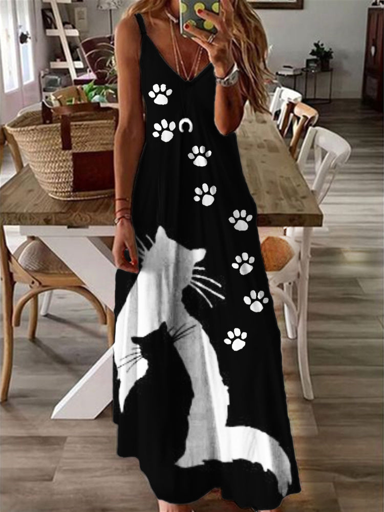 Black & White Cats Art Paw Prints Cami Maxi Dress elevenforest