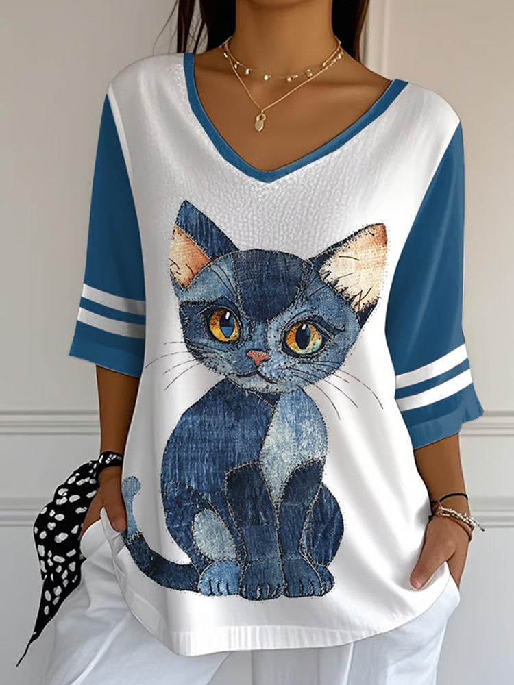Women's Animal Cat Print Mid Sleeve T-shirt elevenforest