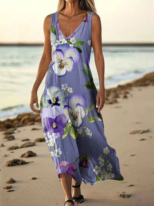 Women's Vintage Floral Art Print Sleeveless V Neck Pocket Cotton Dress
