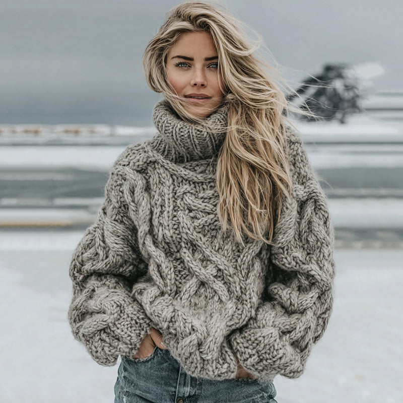 Women's Vintage Island Knit Aran Cozy High Neck Sweater elevenforest