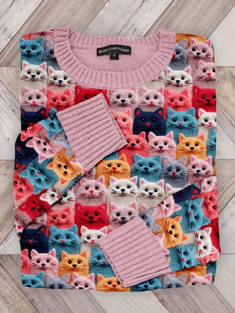 Colorful Cute Cats Embroidered Crew Neck Cozy Sweater elevenforest