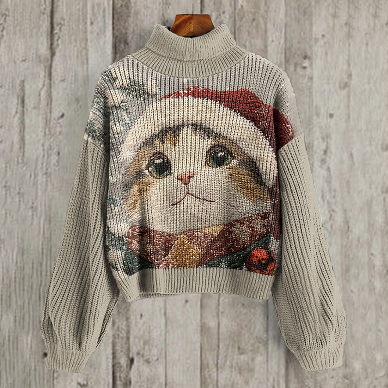 Christmas Cat Print Turtleneck Knit Cozy Sweater elevenforest