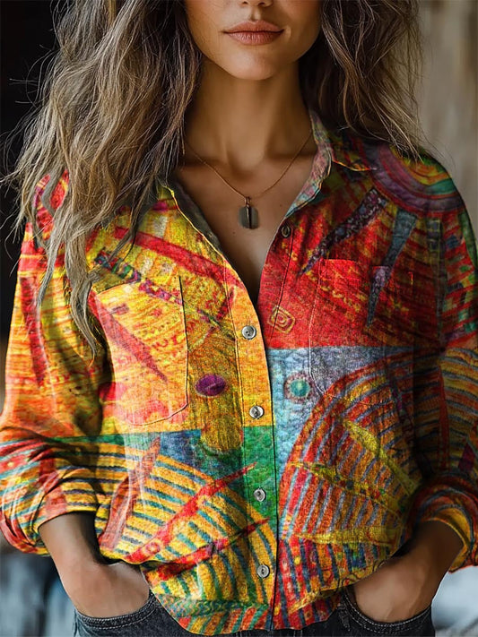 Women's Bohemian Sun Collage Art Pattern Print Casual Long Sleeve Comf