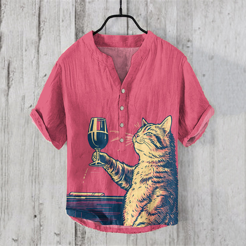 Fun Cat Wine Art Print Linen Blend Shirt elevenforest