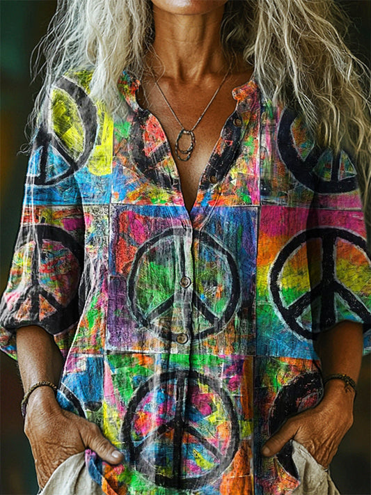 Women's Hippie Art Print Casual Cotton And Linen Shirt