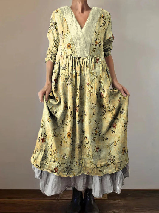 Women's Flower Art Print V-Neck Pocket Cotton Dress