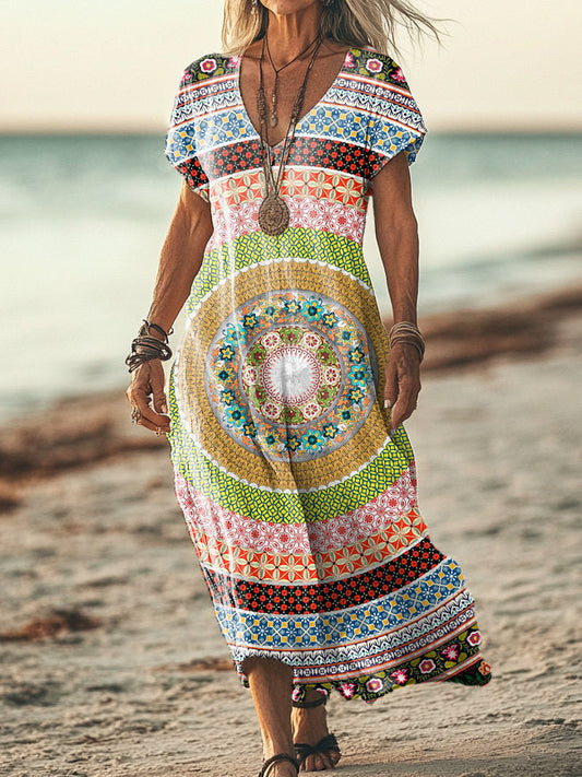 Women's Vintage Datura Floral Art Print Pocket Cotton Dress