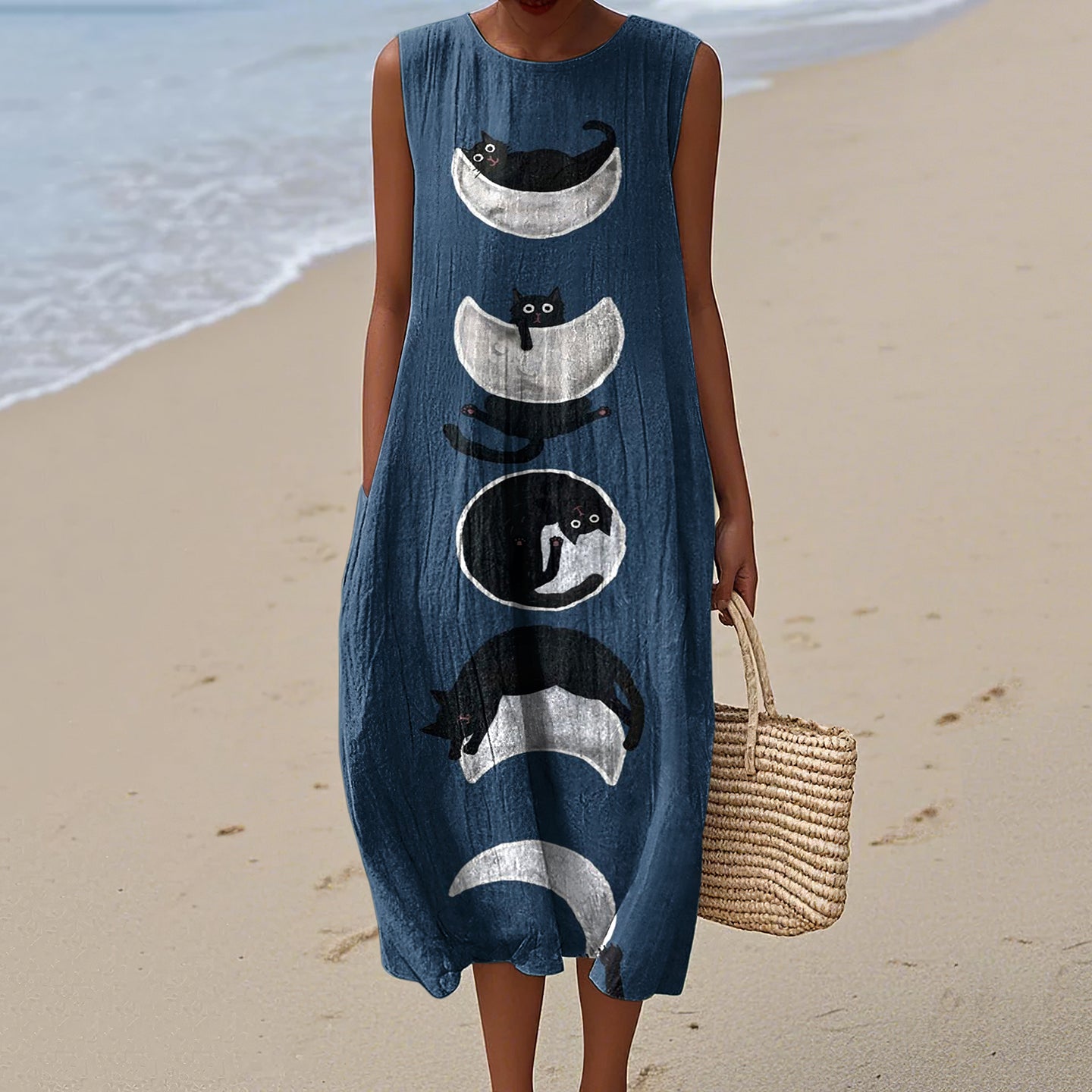 Women's Goodnight Cat Print Linen Tank Midi Dress elevenforest