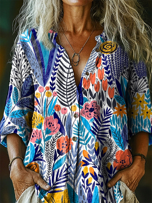 Women's Floral Pattern Art Print Casual Cotton Linen Shirt