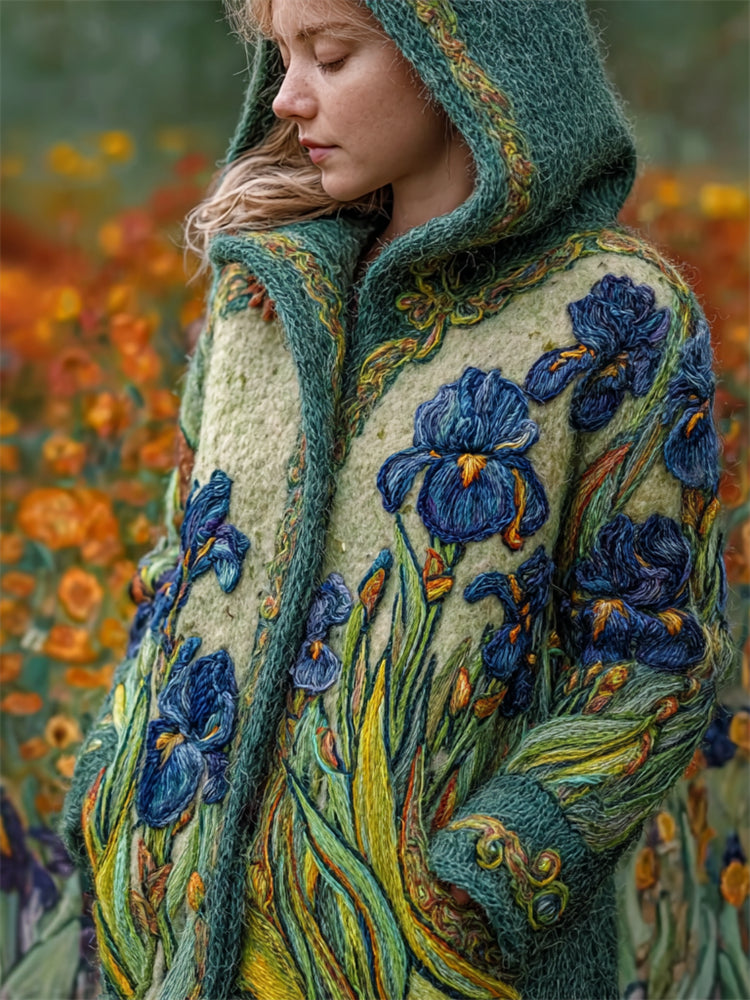 Comstylish Vintage Irises Painting Embroidered Cozy Knit Hooded Cardigan