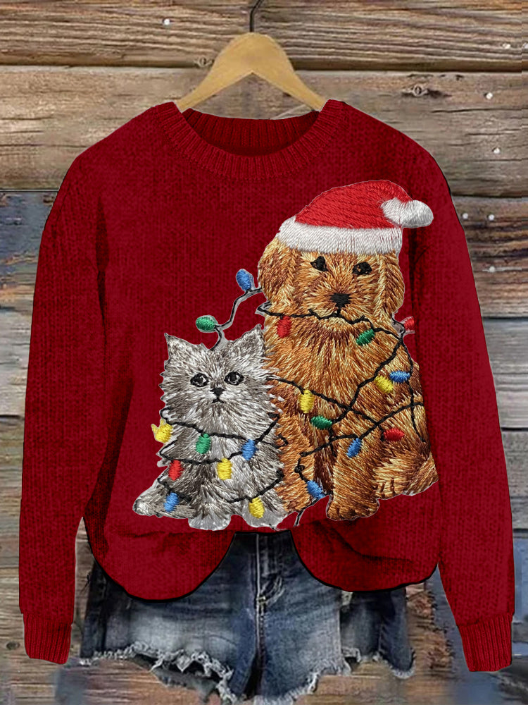 Christmas Dog & Cat Embroidered Cozy Sweater elevenforest