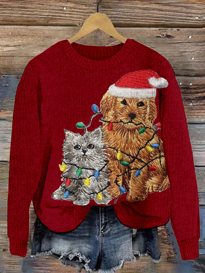 Christmas Dog & Cat Embroidered Cozy Sweater elevenforest