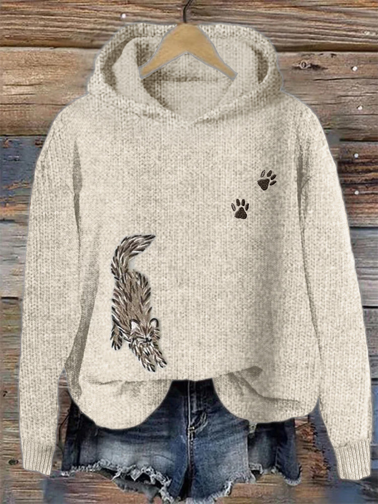 Stretching Cat Paw Prints Embroidered Cozy Knit Hooded Sweater elevenforest