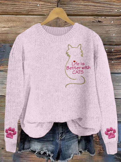 Life Is Better With Cats Embroidered Warm Sweater elevenforest