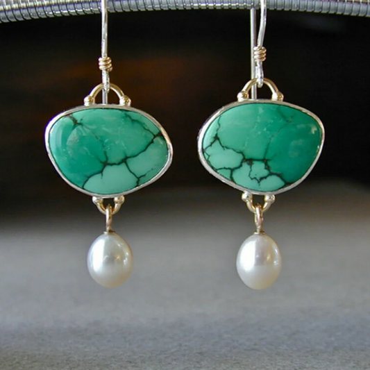Turquoise Stone Pearl Earrings