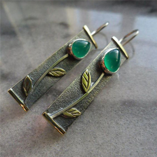 Vintage Flower Earrings With Green Stone