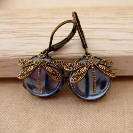 Vintage Crystal Dragonfly Earrings In Antique Gold