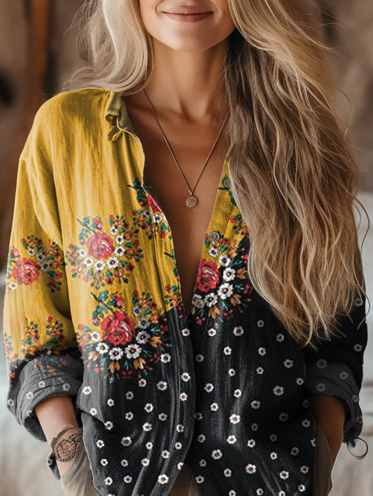 Women's Floral Colorblock Art Print Casual Cotton Shirt