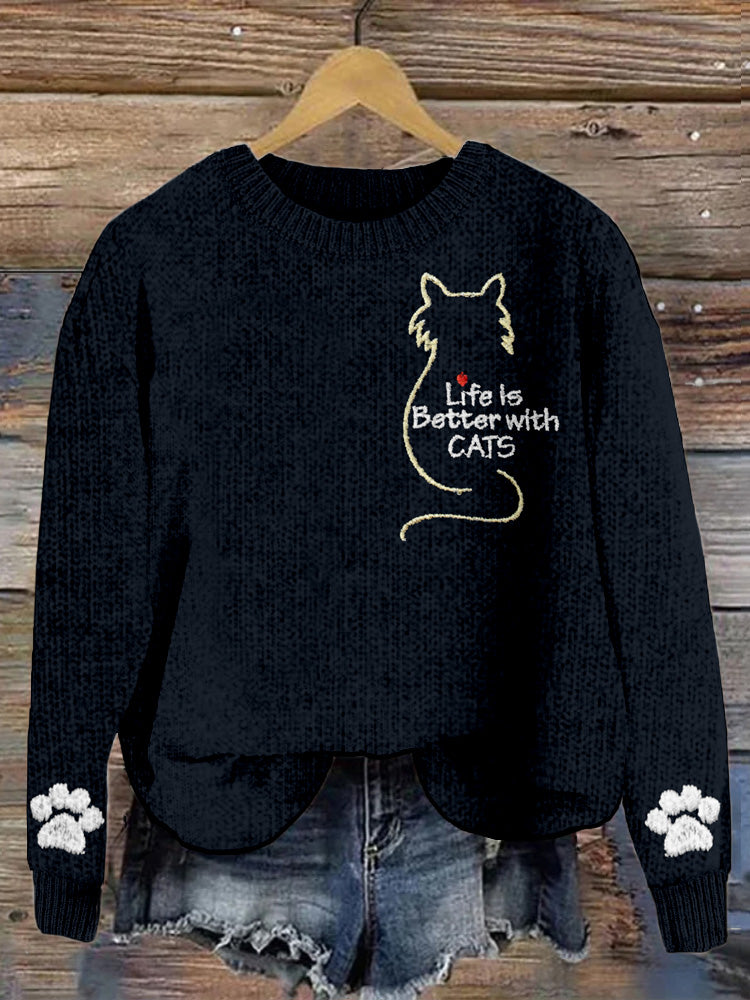 Life Is Better With Cats Embroidered Warm Sweater elevenforest