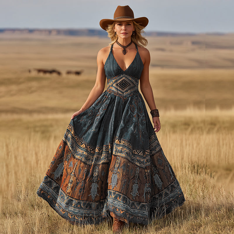Women's Vintage Western Print Suspender Maxi Dress artswardrobe