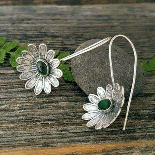 Vintage Silver Flower With Green Stone Earrings