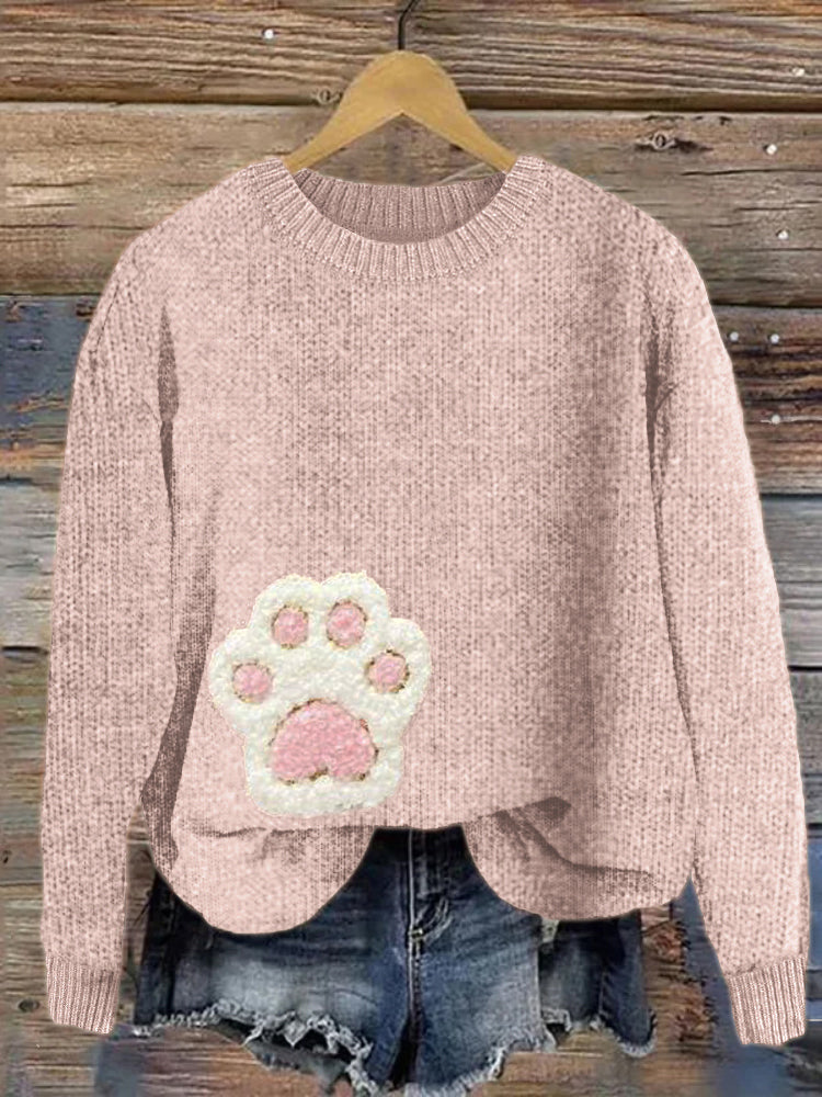 Fuzzy Cat Paw Fleece Applique Cozy Knit Sweater elevenforest